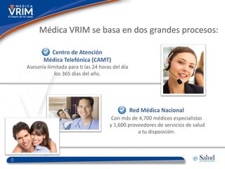 Médica VRIM se basa en dos grandes procesos:

             Centro de Atención
           Médica Telefónica (CAMT)
    Asesoría ilimitada para ti las 24 horas del día
                 los 365 días del año.




                                                      Red Médica Nacional
                                           Con más de 4,700 médicos especialistas
                                          y 1,600 proveedores de servicios de salud
                                                      a tu disposición.



5
 