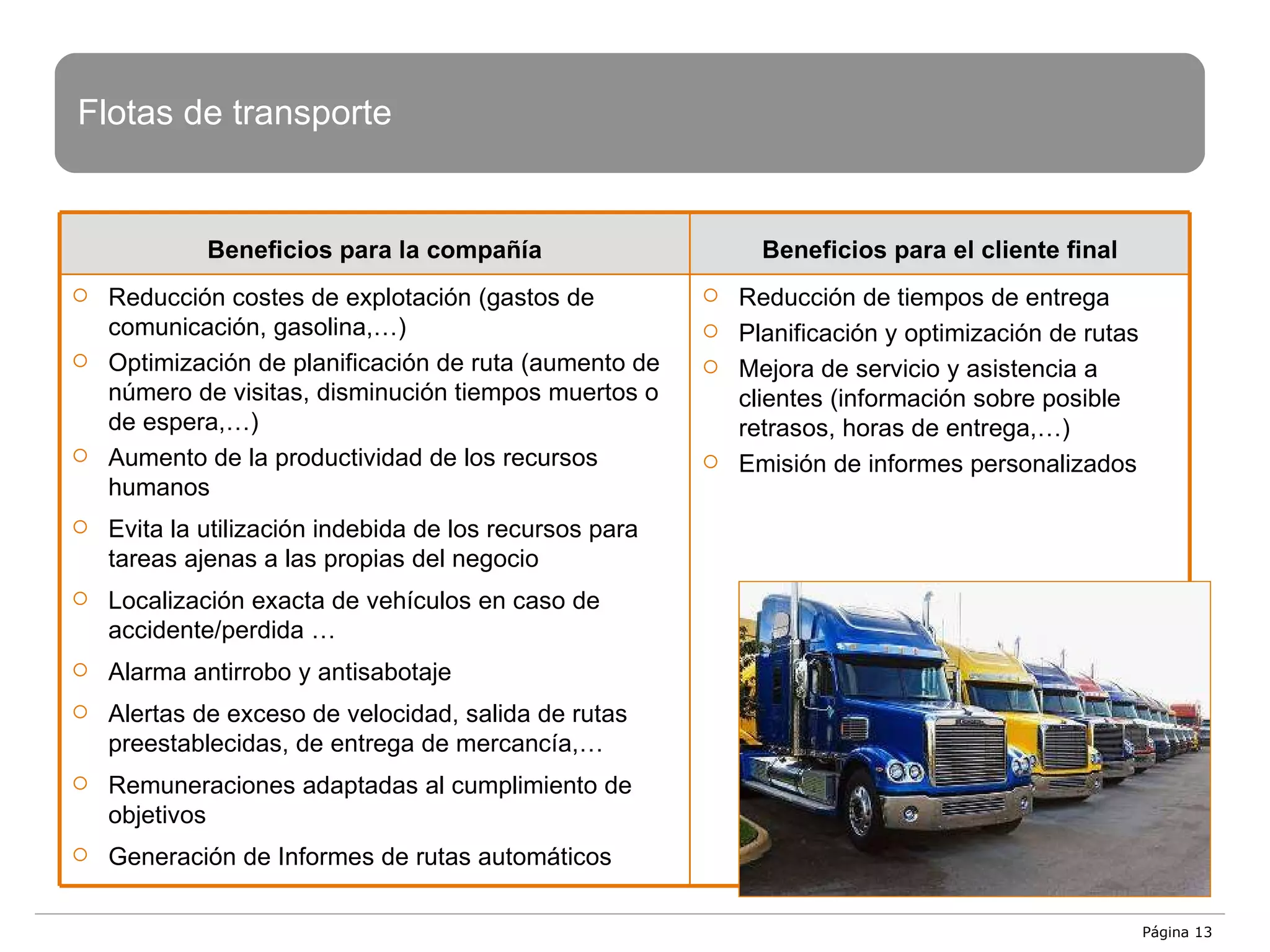 Página  Flotas de transporte Beneficios para  la compañía Beneficios para el cliente final Reducción costes de explotación (gastos de comunicación, gasolina,…) Optimización de planificación de ruta (aumento de número de visitas, disminución tiempos muertos o de espera,…) Aumento de la productividad de los recursos humanos Evita la utilización indebida de los recursos para tareas ajenas a las propias del negocio Localización exacta de vehículos en caso de accidente/perdida … Alarma antirrobo y antisabotaje Alertas de exceso de velocidad, salida de rutas preestablecidas, de entrega de mercancía,… Remuneraciones adaptadas al cumplimiento de objetivos Generación de Informes de rutas automáticos Reducción de tiempos de entrega Planificación y optimización de rutas Mejora de servicio y asistencia a clientes (información sobre posible retrasos, horas de entrega,…) Emisión de informes personalizados 