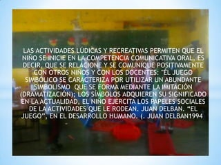 LAS ACTIVIDADES LÚDICAS Y RECREATIVAS PERMITEN QUE EL
 NIÑO SE INICIE EN LA COMPETENCIA COMUNICATIVA ORAL, ES
 DECIR, QUE SE RELACIONE Y SE COMUNIQUE POSITIVAMENTE
      CON OTROS NIÑOS Y CON LOS DOCENTES: "ÉL JUEGO
   SIMBÓLICO SE CARACTERIZA POR UTILIZAR UN ABUNDANTE
      SIMBOLISMO QUE SE FORMA MEDIANTE LA IMITACIÓN
(DRAMATIZACIÓN); LOS SÍMBOLOS ADQUIEREN SU SIGNIFICADO
 EN LA ACTUALIDAD, EL NIÑO EJERCITA LOS PAPELES SOCIALES
    DE LA ACTIVIDADES QUE LE RODEAN. JUAN DELBAN. “EL
 JUEGO”, EN EL DESARROLLO HUMANO. (. JUAN DELBAN1994)
 