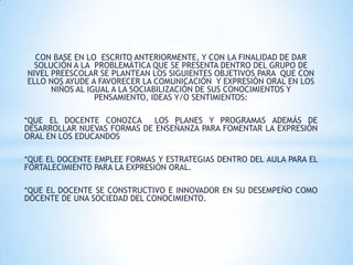 CON BASE EN LO ESCRITO ANTERIORMENTE, Y CON LA FINALIDAD DE DAR
  SOLUCIÓN A LA PROBLEMÁTICA QUE SE PRESENTA DENTRO DEL GRUPO DE
NIVEL PREESCOLAR SE PLANTEAN LOS SIGUIENTES OBJETIVOS PARA QUE CON
ELLO NOS AYUDE A FAVORECER LA COMUNICACIÓN Y EXPRESIÓN ORAL EN LOS
      NIÑOS AL IGUAL A LA SOCIABILIZACIÓN DE SUS CONOCIMIENTOS Y
                 PENSAMIENTO, IDEAS Y/O SENTIMIENTOS:

*QUE EL DOCENTE CONOZCA      LOS PLANES Y PROGRAMAS ADEMÁS DE
DESARROLLAR NUEVAS FORMAS DE ENSEÑANZA PARA FOMENTAR LA EXPRESIÓN
ORAL EN LOS EDUCANDOS

*QUE EL DOCENTE EMPLEE FORMAS Y ESTRATEGIAS DENTRO DEL AULA PARA EL
FORTALECIMIENTO PARA LA EXPRESIÓN ORAL.

*QUE EL DOCENTE SE CONSTRUCTIVO E INNOVADOR EN SU DESEMPEÑO COMO
DOCENTE DE UNA SOCIEDAD DEL CONOCIMIENTO.
 