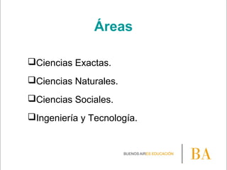 Áreas
Ciencias Exactas.
Ciencias Naturales.
Ciencias Sociales.
Ingeniería y Tecnología.
 