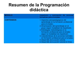Resumen de la Programación
didáctica
MÓDULO Impartición y tutorización de acciones
formativas para el empleo.
CONTENIDOS 1.Aspectos psicopedagógicos del
aprendizaje en la formación profesional
para el empleo.
2.Dinamización del aprendizaje en el
grupo según modalidad de impartición.
3.Estrategias metodológicas en la
formación profesional para el empleo
según la modalidad de impartición.
4.Características de la acciones tutoriales
en formación profesional para el empleo.
5.Desarrollo de la acción tutorial.
6.Desarrollo de la acción tutorial en línea.
 