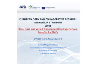 EUROPEAN OPEN AND COLLABORATIVE REGIONAL
              INNOVATION STRATEGIES
                        EURIS
Real, close and varied Open Innovation Experiences.
                  Benefits for SMEs

             OPINET Event. November 8´th

                  Rafael Muguerza Eraso
         Innovation and Knowledge Transfer Service
                   Navarra Government
                     EURIS Lead Partner
 