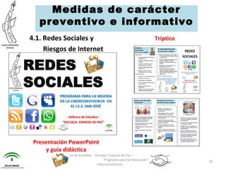 4.1. Redes Sociales y
Riesgos de Internet
Jefatura de Estudios - Escuela: Espacio de Paz –
Programa para la mejora de la
ciberconvivencia
10
Medidas de carácter
preventivo e informativo
 
Presentación PowerPoint
y guía didáctica
Tríptico
 