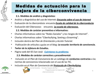 2.1. Medidas de análisis y diagnóstico:
• Análisis y diagnóstico del uso de Internet: Encuesta sobre el uso de Internet
• Evaluación de la ciberconduta: encuesta Escala de calidad de la ciberconducta
• Evaluación del Ciberacoso: encuesta La escala de ciberacoso.
2.2. Medidas de carácter preventivo e informativo:
• Charlas informativas sobre las “Redes Sociales” y los riesgos de Internet”.
• Charlas informativas sobre “Ciberbullying, Sexting y Grooming”.
• Inclusión dentro del Plan de Orientación y Acción Tutorial.
• Publicación de artículos y guías en el blog: La escuela: territorio de convivencia.
• Twiter de la Jefatura de Estudios.
• Página web del IES San José: Cuéntanos tu problema,
2.3. Medidas de carácter correctivo y procedimental:
• Inclusión en el Plan de Convivencia de un catálogo de conductas contrarias a las
normas de convivencia relacionado con el uso de las TIC.
• Inclusión en el Plan de Convivencia del Protocolo de Ciberbullying.
Jefatura de Estudios - Escuela: Espacio de Paz –
Programa para la mejora de la
ciberconvivencia
6
Medidas de actuación para la
mejora de la ciberconvivencia
 