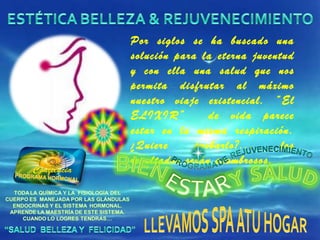 Por siglos se ha buscado una solución para la eterna juventud y con ella una salud que nos permita disfrutar al máximo nuestro viaje existencial. “El ELIXIR”  de vida parece estar en la misma respiración. ¿Quiere probarlo?... los resultados serán asombrosos.  