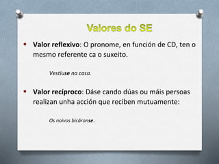 Valor reflexivo: O pronome, en función de CD, ten o
mesmo referente ca o suxeito.
Vestiuse na casa.
 Valor recíproco: Dáse cando dúas ou máis persoas
realizan unha acción que reciben mutuamente:
Os noivos bicáronse.
 