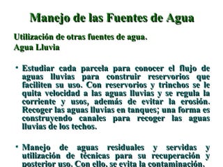 Manejo de las Fuentes de Agua Utilización de otras fuentes de agua. Agua Lluvia Estudiar cada parcela para conocer el flujo de aguas lluvias para construir reservorios que faciliten su uso. Con reservorios y trinchos se le quita velocidad a las aguas lluvias y se regula la corriente y usos, además de evitar la erosión. Recoger las aguas lluvias en tanques; una forma es construyendo canales para recoger las aguas lluvias de los techos. Manejo de aguas residuales y servidas y utilización de técnicas para su recuperación y posterior uso. Con ello, se evita la contaminación. 