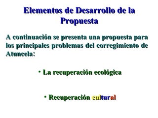 Elementos de Desarrollo de la Propuesta A continuación se presenta una propuesta para los principales problemas del corregimiento de Atuncela: La recuperación ecológica Recuperación  cul tur al 