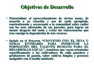 Objetivos de Desarrollo Potencializar el aprovechamiento de ciertas zonas, de acuerdo a su vocación y uso de suelo apropiado, concientizando y asesorando a la comunidad sobre cuáles son los usos adecuados de sus parcelas, para lograr un menor desgaste del suelo y evitar las consecuencias que trae consigo la degradación de éste recurso. Incluir en el Proyecto “CONVENIO CON EL SENA U OTRAS ENTIDADES PARA FOMENTAR LA FORMACIÓN DEL TALENTO HUMANO PARA EL DESARROLLO LOCAL”, temáticas que vayan orientadas específicamente a los cultivadores de caña panelera y productores de panela, sobre cultivos limpios y procesos amigables con el medio ambiente. 
