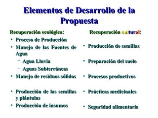 Elementos de Desarrollo de la Propuesta Recuperación ecológica: Proceso de Producción Manejo de las Fuentes de Agua Agua Lluvia Aguas Subterráneas Manejo de residuos sólidos Producción de las semillas y plántulas Producción de insumos Recuperación  cul tur al : Producción de semillas Preparación del suelo Procesos productivos Prácticas medicinales Seguridad alimentaría 