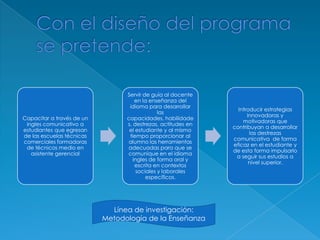 Servir de guía al docente
                                     en la enseñanza del
                                  idioma para desarrollar
                                                                Introducir estrategias
                                               las
                                                                    innovadoras y
Capacitar a través de un         capacidades, habilidade
                                                                  motivadoras que
 ingles comunicativo a           s, destrezas, actitudes en
                                                              contribuyan a desarrollar
estudiantes que egresan           el estudiante y al mismo
                                                                     las destrezas
de las escuelas técnicas          tiempo proporcionar al
                                                              comunicativa de forma
comerciales formadoras           alumno las herramientas
                                                              eficaz en el estudiante y
 de técnicos medio en            adecuadas para que se
                                                              de esta forma impulsarlo
   asistente gerencial           comunique en el idioma
                                                               a seguir sus estudios a
                                    ingles de forma oral y
                                                                     nivel superior.
                                     escrita en contextos
                                      sociales y laborales
                                          específicos.




                             Línea de investigación:
                           Metodología de la Enseñanza
 