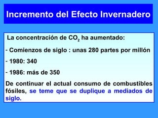 La concentración de CO 2  ha aumentado: Comienzos de siglo : unas 280 partes por millón  1980: 340  1986: más de 350  De continuar el actual consumo de combustibles fósiles,  se teme que se duplique a mediados de siglo. Incremento del Efecto Invernadero 