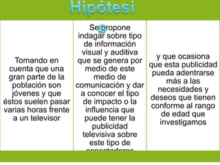 Se propone
                     indagar sobre tipo
                        de información
                      visual y auditiva
                                            y que ocasiona
   Tomando en       que se genera por
                                          que esta publicidad
 cuenta que una         medio de este
                                           pueda adentrarse
 gran parte de la          medio de
                                               más a las
  población son     comunicación y dar
                                            necesidades y
  jóvenes y que       a conocer el tipo
                                          deseos que tienen
éstos suelen pasar     de impacto o la
                                          conforme al rango
varias horas frente     influencia que
                                              de edad que
   a un televisor       puede tener la
                                             investigamos
                           publicidad
                       televisiva sobre
                          este tipo de
                        espectadores
 