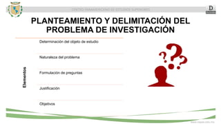 CENTRO PANAMERICANO DE ESTUDIOS SUPERIORES
www.cepes.edu.mx
PLANTEAMIENTO Y DELIMITACIÓN DEL
PROBLEMA DE INVESTIGACIÓN
Elementos
Determinación del objeto de estudio
Naturaleza del problema
Formulación de preguntas
Justificación
Objetivos
 