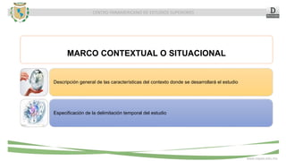 CENTRO PANAMERICANO DE ESTUDIOS SUPERIORES
www.cepes.edu.mx
MARCO CONTEXTUAL O SITUACIONAL
Descripción general de las características del contexto donde se desarrollará el estudio
Especificación de la delimitación temporal del estudio
 