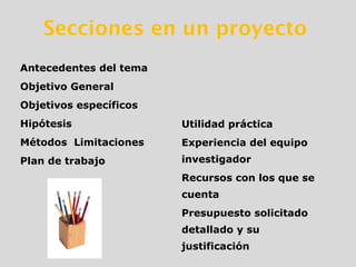 Secciones en un proyecto
Antecedentes del tema
Objetivo General
Objetivos específicos
Hipótesis
Métodos Limitaciones
Plan de trabajo
Utilidad práctica
Experiencia del equipo
investigador
Recursos con los que se
cuenta
Presupuesto solicitado
detallado y su
justificación
 