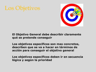 El Objetivo General debe describir claramente
qué se pretende conseguir
Los objetivos específicos son mas concretos,
describen que se va a hacer en términos de
acción para conseguir el objetivo general
Los objetivos específicos deben ir en secuencia
lógica y según la prioridad
Los Objetivos
 