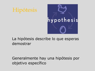 La hipótesis describe lo que esperas
demostrar
Generalmente hay una hipótesis por
objetivo específico
Hipótesis
 