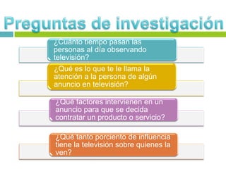 ¿Cuánto tiempo pasan las
personas al día observando
televisión?
¿Qué es lo que te le llama la
atención a la persona de algún
anuncio en televisión?
¿Qué factores intervienen en un
anuncio para que se decida
contratar un producto o servicio?
¿Qué tanto porciento de influencia
tiene la televisión sobre quienes la
ven?
 