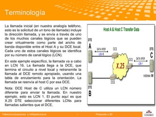 Terminología
La llamada inicial (en nuestra analogía teléfono,
esto es la solicitud de un tono de llamada) incluye
la dirección llamada, y se envía a través de uno
de los muchos canales lógicos que se pueden
crear virtualmente como parte del ancho de
banda disponible entre el Host A y su DCE local.
Cada uno de estos canales lógicos se identifica
por su número de canal lógico (LCN).

Telecomunicaciones

En este ejemplo específico, la llamada va a cabo
en LCN 16. La llamada llega a la DCE, que
termina el circuito a nivel local y retransmite la
llamada al DCE remoto apropiado, usando una
tabla de enrutamiento para la orientación. La
llamada se reenvía al host C por esa DCE.
Nota: DCE Host de C utiliza un LCN número
diferente para enviar la llamada. En nuestro
ejemplo, esto es LCN 1. El punto aquí es que
X.25 DTE seleccionar diferentes LCNs para
llamadas salientes que el DCE.

Telecomunicaciones e Infraestructura

-

Protocolo x.25

logo

公司名称

 