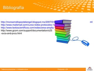 Bibliografía

http://monserratlopezdelangel.blogspot.mx/2007/04/x25-frame-relay-isdn-atm-smds.html
http://www.mailxmail.com/curso-redes-protocolos-1/nivel-paquetes-circuitos-virtuales
http://www.textoscientificos.com/redes/area-amplia/x25
http://www.gcom.com/support/documentation/x25
-svcs-and-pvcs.html
Telecomunicaciones

Telecomunicaciones e Infraestructura

-

Protocolo x.25

logo

公司名称

 
