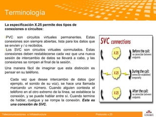 Terminología
La especificación X.25 permite dos tipos de
conexiones o circuitos:
›PVC son circuitos virtuales permanentes. Estas
conexiones son siempre abiertas, lista para los datos que
se envíen y / o recibidos.
›Los SVC son circuitos virtuales conmutados. Estas
conexiones deben restablecerse cada vez que una nueva
sesión de intercambio
Telecomunicaciones de datos se llevará a cabo, y las
conexiones se rompen al final de la sesión.
Una manera fácil de imaginar que esta distinción es
pensar en su teléfono.
Cada vez que desee intercambio de datos (por
ejemplo, el sonido de su voz), se hace una llamada
marcando un número. Cuando alguien contesta el
teléfono en el otro extremo de la línea, se establece la
conexión, y se puede hablar entre sí. Cuando termine
de hablar, cuelgue y se rompe la conexión. Esta es
una conexión de SVC.
Telecomunicaciones e Infraestructura

-

Protocolo x.25

logo

公司名称

 