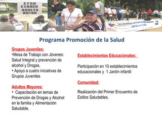 Programa Promoción de la Salud Establecimientos Educacionales:  Participación en 10 establecimientos educacionales y  1 Jardín infantil Comunidad: Realización del Primer Encuentro de Estilos Saludables. Grupos Juveniles: Mesa de Trabajo con Jóvenes: Salud Integral y prevención de alcohol y Drogas.   Apoyo a cuatro iniciativas de Grupos Juveniles Adultos Mayores:   Capacitación en temas de Prevención de Drogas y Alcohol en la familia y Alimentación Saludable. 
