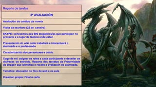 Reparto de tarefas
2ª AVALIACIÓN
Avaliación do contido da novela
Visita da escritora (22 de xaneiro)
SKYPE: coñecemos aos 600 dragaliños/as que participan no
proxecto e o lugar de Galicia onde están
Presentación do wiki onde traballará e interactuará o
alumnado e o profesorado
Caracterización dos personaxes e cómic
Xogo de rol: asignar os roles a cada participante e deseñar os
disfraces de entroido. Reparto das tarxetas da Fraternidade
do Dragón que identifica e recolle a avaliación do alumnado.
Temática: discusión no fóro da web e na aula
Creación propia: Final á carta
 