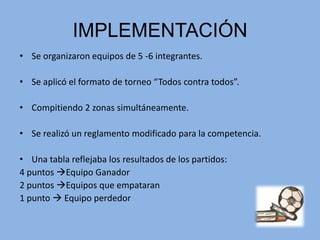 No está contemplado en el muestreo de deportes, ya que se practica balonmano, básquet y voley. OBJETIVOSPredisponer a los alumnos a aprovechar la experiencia de un torneo, logrando aprendizajes significativos.