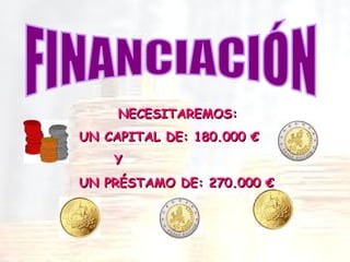 FINANCIACIÓN NECESITAREMOS: UN CAPITAL DE: 180.000 € Y UN PRÉSTAMO DE: 270.000 € 