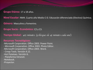 Grupo Etáreo:  17 a 18 años. Nivel Escolar:  NM4. Cuarto año Medio C-D. Educación diferenciada (Electivo) Química.   Género:  Masculino y Femenino.   Grupo Socio - Económico:  C2 y C3. Tiempo Global:  405 minutos. (9 bloques de 45 minutos cada uno). Recursos Tecnológicos:  Microsoft Corporation. Office 2003. Power Point. Microsoft Corporation. Office 2003. Photo Editor. Microsoft Corporation. Office 2003. Word. Cmap Tools.  Versión 4.12. Hot Potatoes. Versión 6. Plataforma Intranet. Notebook. Proyector. 