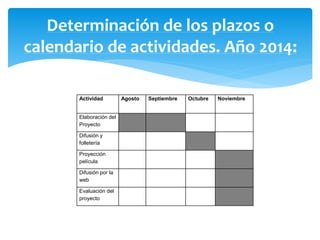 Determinación de los plazos o 
calendario de actividades. Año 2014: 
Actividad Agosto Septiembre Octubre Noviembre 
Elaboración del 
Proyecto 
Difusión y 
folletería 
Proyección 
película 
Difusión por la 
web 
Evaluación del 
proyecto 
 