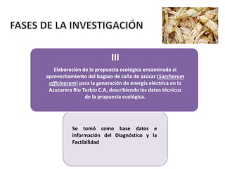 Se tomó como base datos e
información del Diagnóstico y la
Factibilidad
Se procedió a determinar la factibilidad
ambiental y económica de la propuesta
en base a la descripción técnica.
III
Elaboración de la propuesta ecológica encaminada al
aprovechamiento del bagazo de caña de azúcar (Saccharum
officinarum) para la generación de energía eléctrica en la
Azucarera Río Turbio C.A, describiendo los datos técnicos
de la propuesta ecológica.
 