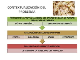 EVALUACIÓN DEL IMPACTO AMBIENTAL
DETERMINAR LA VIABILIDAD DEL PROYECTO
AFECTACIÓN DE RECURSOS NATURALES
FÍSICOS BIOLÓGICO SOCIAL ECONÓMICO
PROYECTO DE APROVECHAMIENTO DEL BAGAZO DE CAÑA DE AZÚCAR
PARA GENERAR ENERGÍA
DÉFICIT ENERGÉTICO GENERACIÓN DE ENERGÍA
 