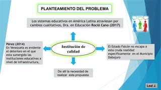 PLANTEAMIENTO DEL PROBLEMA
Institución de
calidad
Los sistemas educativos en América Latina atraviesan por
cambios cualitativos, Dra. en Educación Roció Cano (2017)
Pérez (2014)
En Venezuela es evidente
el deterioro en el que
esta sumergido las
instituciones educativas a
nivel de infraestructura,
El Estado Falcón no escapa a
esta cruda realidad
específicamente en el Municipio
Dabajuro
De allí la necesidad de
realizar esta propuesta
Leal J.
 