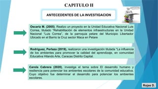 ANTECEDENTES DE LA INVESTIGACION
CAPITULO II
Oscariz M. (2005). Realizo un proyecto en la Unidad Educativa Nacional Luis
Correa, titulado “Rehabilitación de elementos infraestructuras en la Unidad
Nacional “Luis Correa”, de la parroquia petare del Municipio Libertador
Ubicado en el Barrio la Cruz sector Maca en Petare
Rodríguez, Perlaza (2019), realizaron una investigación titulada “La influencia
de los ambientes para promover la calidad del aprendizaje, en comunidad
Educativa Hilando Arte, Caracas Distrito Capital.
Carola Cabrera (2020), investiga el tema sobre El desarrollo humano y
resiliencia para potenciar los ambientes escolares de la comunidad educativa.
Cuyo objetivo fue determinar el desarrollo para potenciar los ambientes
escolares.
Rojas D.
 