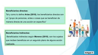 Beneficiarios directos:
Tal y como lo define Arias (2010), los beneficiarios directos son
un “grupo de personas, entes o cosas que se benefician de
manera directa de una acción en específico”
Beneficiarios Indirectos:
Beneficiados indirectos según Moreno (2010), son los sujetos
que reciben beneficios en un segundo plano de alguna acción
realizada.
Artigas Y.
 