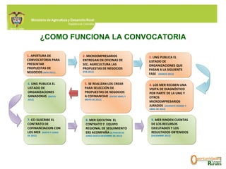 ¿COMO FUNCIONA LA CONVOCATORIA 1.  APERTURA DE CONVOCATORIA PARA PRESENTAR PROPUESTAS DE NEGOCIOS  (NOV 2011) 2.   MICROEMPRESARIOS ENTREGAN EN OFICINAS DE SEC. AGRICULTURA LAS PROPUESTAS DE NEGOCIOS  (FEB 2012) 3.   UNG PUBLICA EL LISTADO DE ORGANIZACIONES QUE PASAN A LA SIGUIENTE FASE  (MARZO 2012) 4.   LOS MER RECIBEN UNA VISITA DE DIAGNÓSTICO POR PARTE DE LA UNG Y OTROS MICROEMPRESARIOS JURADOS  (DURANTE MARZO Y ABRIL DE 2012) 5.   SE REALIZAN LOS CREAR PARA SELECCIÓN DE PROPUESTAS DE NEGOCIOS A COFINANCIAR  (ENTRE ABRIL Y MAYO DE 2012) 6 .   UNG PUBLICA EL LISTADO DE ORGANIZACIONES GANADORAS  (MAYO 2012) 7 .   CCI SUSCRIBE EL CONTRATO DE COFINANCIACION CON LOS MER  (MAYO Y JUNIO DE 2012) 8 .   MER EJECUTAN  EL CONTRATO Y  EQUIPO REGIONAL DE SEGUIMIENTO ERS ACOMPAÑA  (A PARTIR DE JUNIO HASTA DICIEMBRE DE 2012) 9 .   MER RINDEN CUENTAS DE LOS RECURSOS EJECUTADOS Y LOS RESULTADOS OBTENIDOS  (DICIEMBRE 2012) 