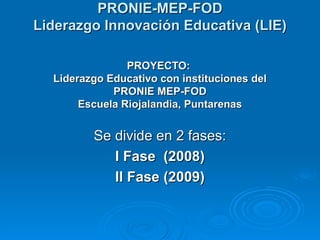 PRONIE-MEP-FOD Liderazgo Innovación Educativa (LIE)   PROYECTO:  Liderazgo Educativo con instituciones del PRONIE MEP-FOD Escuela Riojalandia, Puntarenas Se divide en 2 fases: I Fase  (2008) II Fase (2009) 