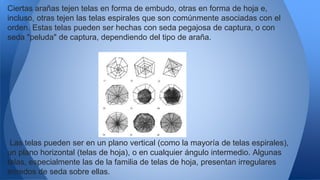 Ciertas arañas tejen telas en forma de embudo, otras en forma de hoja e,
incluso, otras tejen las telas espirales que son comúnmente asociadas con el
orden. Estas telas pueden ser hechas con seda pegajosa de captura, o con
seda "peluda" de captura, dependiendo del tipo de araña.
Las telas pueden ser en un plano vertical (como la mayoría de telas espirales),
un plano horizontal (telas de hoja), o en cualquier ángulo intermedio. Algunas
telas, especialmente las de la familia de telas de hoja, presentan irregulares
enredos de seda sobre ellas.
 
