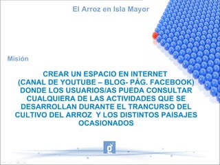 El Arroz en Isla Mayor




Misión

        CREAR UN ESPACIO EN INTERNET
   (CANAL DE YOUTUBE – BLOG- PÁG. FACEBOOK)
    DONDE LOS USUARIOS/AS PUEDA CONSULTAR
     CUALQUIERA DE LAS ACTIVIDADES QUE SE
    DESARROLLAN DURANTE EL TRANCURSO DEL
  CULTIVO DEL ARROZ Y LOS DISTINTOS PAISAJES
                 OCASIONADOS
 