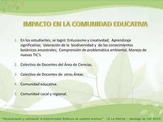 1. En los estudiantes, se logró: Entusiasmo y creatividad; Aprendizaje
   significativo; Valoración de la biodiversidad y de los conocimientos
   botánicos ancestrales; Comprensión de problemática ambiental; Manejo de
   nuevas TIC’s.

2. Colectivo de Docentes del Área de Ciencias.

3. Colectivo de Docentes de otras Áreas.

4. Comunidad educativa.

5. Comunidad Local y regional.
 