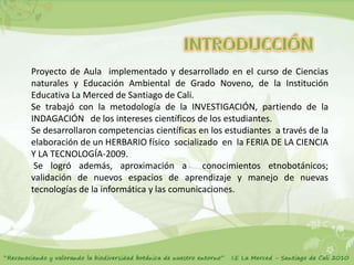 Proyecto de Aula implementado y desarrollado en el curso de Ciencias
naturales y Educación Ambiental de Grado Noveno, de la Institución
Educativa La Merced de Santiago de Cali.
Se trabajó con la metodología de la INVESTIGACIÓN, partiendo de la
INDAGACIÓN de los intereses científicos de los estudiantes.
Se desarrollaron competencias científicas en los estudiantes a través de la
elaboración de un HERBARIO físico socializado en la FERIA DE LA CIENCIA
Y LA TECNOLOGÍA-2009.
 Se logró además, aproximación a           conocimientos etnobotánicos;
validación de nuevos espacios de aprendizaje y manejo de nuevas
tecnologías de la informática y las comunicaciones.
 
