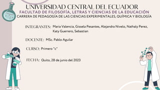 UNIVERSIDAD CENTRAL DEL ECUADOR
FACULTAD DE FILOSOFÍA, LETRAS Y CIENCIAS DE LA EDUCACIÓN
CARRERA DE PEDAGOGÍA DE LAS CIENCIAS EXPERIMENTALES, QUÍMICA Y BIOLOGÍA
INTEGRANTES:
DOCENTE:
CURSO:
FECHA:
MSc. Pablo Aguilar
Primero "c"
Quito, 28 de junio del 2023
Maria Valencia, Gissela Pesantes, Alejandra Nivelo, Nathaly Perez,
Katy Guerrero, Sebastian
 