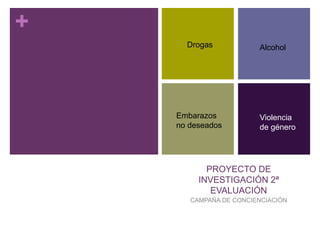 +
PROYECTO DE
INVESTIGACIÓN 2ª
EVALUACIÓN
CAMPAÑA DE CONCIENCIACIÓN
Drogas Alcohol
Embarazos
no deseados
Violencia
de género
 