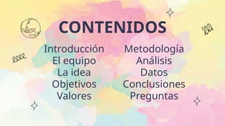 CONTENIDOS
Introducción
El equipo
La idea
Objetivos
Valores
Metodología
Análisis
Datos
Conclusiones
Preguntas
 