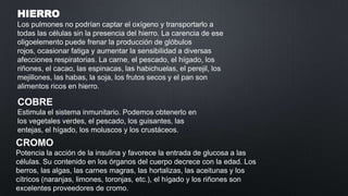 HIERRO
Los pulmones no podrían captar el oxígeno y transportarlo a
todas las células sin la presencia del hierro. La carencia de ese
oligoelemento puede frenar la producción de glóbulos
rojos, ocasionar fatiga y aumentar la sensibilidad a diversas
afecciones respiratorias. La carne, el pescado, el hígado, los
riñones, el cacao, las espinacas, las habichuelas, el perejil, los
mejillones, las habas, la soja, los frutos secos y el pan son
alimentos ricos en hierro.

COBRE
Estimula el sistema inmunitario. Podemos obtenerlo en
los vegetales verdes, el pescado, los guisantes, las
entejas, el hígado, los moluscos y los crustáceos.

CROMO
Potencia la acción de la insulina y favorece la entrada de glucosa a las
células. Su contenido en los órganos del cuerpo decrece con la edad. Los
berros, las algas, las carnes magras, las hortalizas, las aceitunas y los
cítricos (naranjas, limones, toronjas, etc.), el hígado y los riñones son
excelentes proveedores de cromo.

 