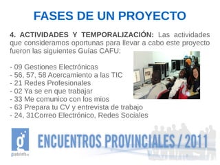 FASES DE UN PROYECTO
4. ACTIVIDADES Y TEMPORALIZACIÓN: Las actividades
que consideramos oportunas para llevar a cabo este proyecto
fueron las siguientes Guías CAFU:

- 09 Gestiones Electrónicas
- 56, 57, 58 Acercamiento a las TIC
- 21 Redes Profesionales
- 02 Ya se en que trabajar
- 33 Me comunico con los mios
- 63 Prepara tu CV y entrevista de trabajo
- 24, 31Correo Electrónico, Redes Sociales
 