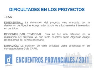 DIFICULTADES EN LOS PROYECTOS
TIPOS

DIMENSIONAL: La dimensión del proyecto vino marcada por la
derivación de Algeciras Acoge, adecuándonos a los usuarios interesados
en participar.

DISPONIBILIDAD TEMPORAL: Esta no fue una dificultad en la
realización del proyecto, ya que tanto nosotros como Algeciras Acoge
disponíamos del tiempo necesario.

DURACIÓN: La duración de cada actividad viene estipulada en su
correspondiente Guía CAFU.
 
